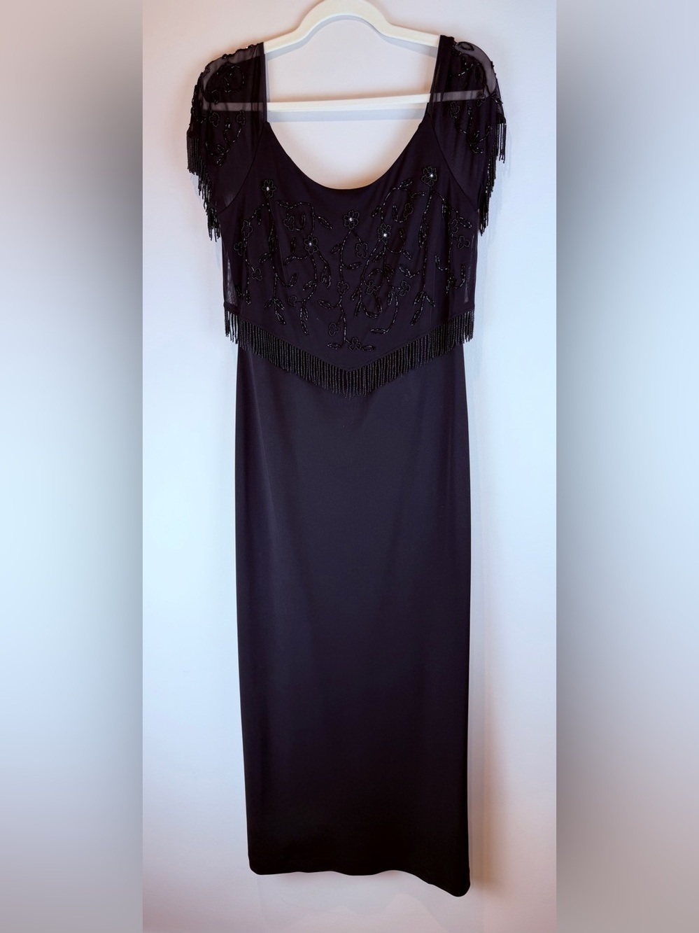 Betsy & Adam Black Beaded Fringe Maxi Dress Size 12